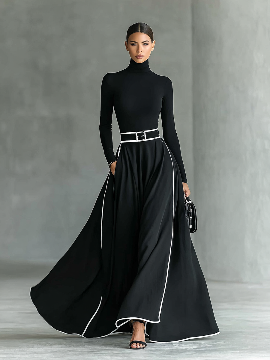 Vestido Maxi Negro con Cuello Alto Manga Larga y Cinturón