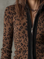 Vintage Leopard Print Slim Fit Zip-Up Cardigan