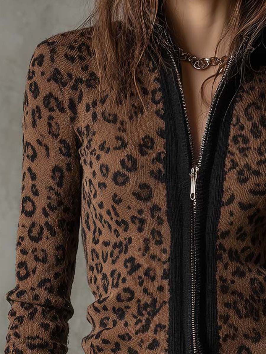Vintage Leopard Print Slim Fit Zip-Up Cardigan