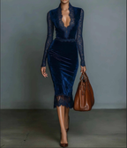 Vestido Midi de Terciopelo Elegante con Escote en V y Encaje