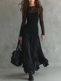 Vestido Maxi Negro de Tul con Detalle Patchwork