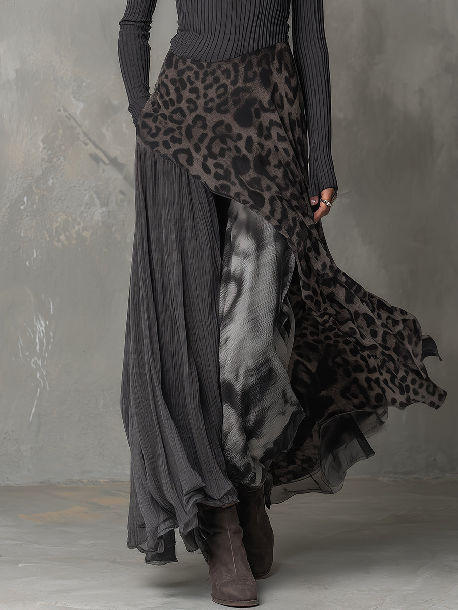 Boho Leopard Print Asymmetrical Hem Maxi Dress