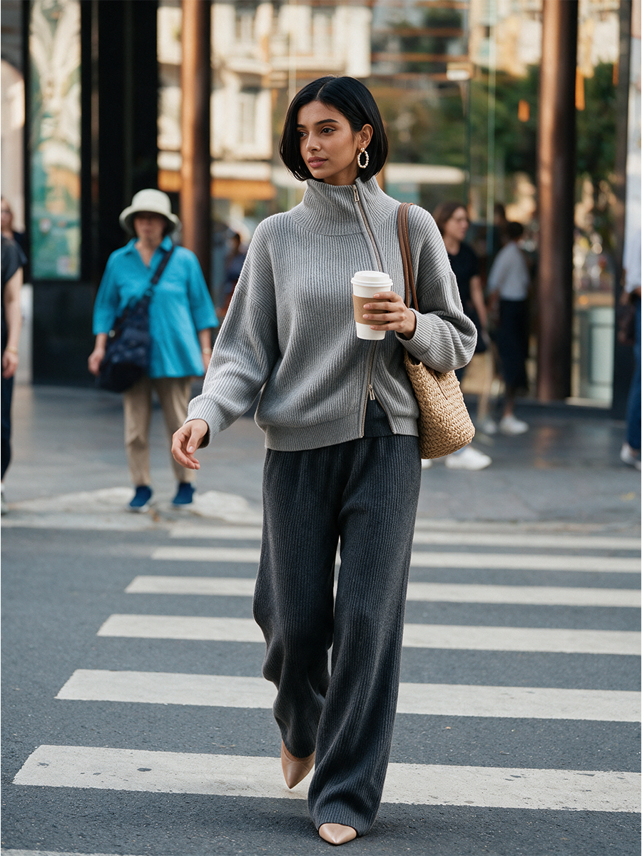 Jersey gris de canalé con cuello chimenea y cremallera diagonal