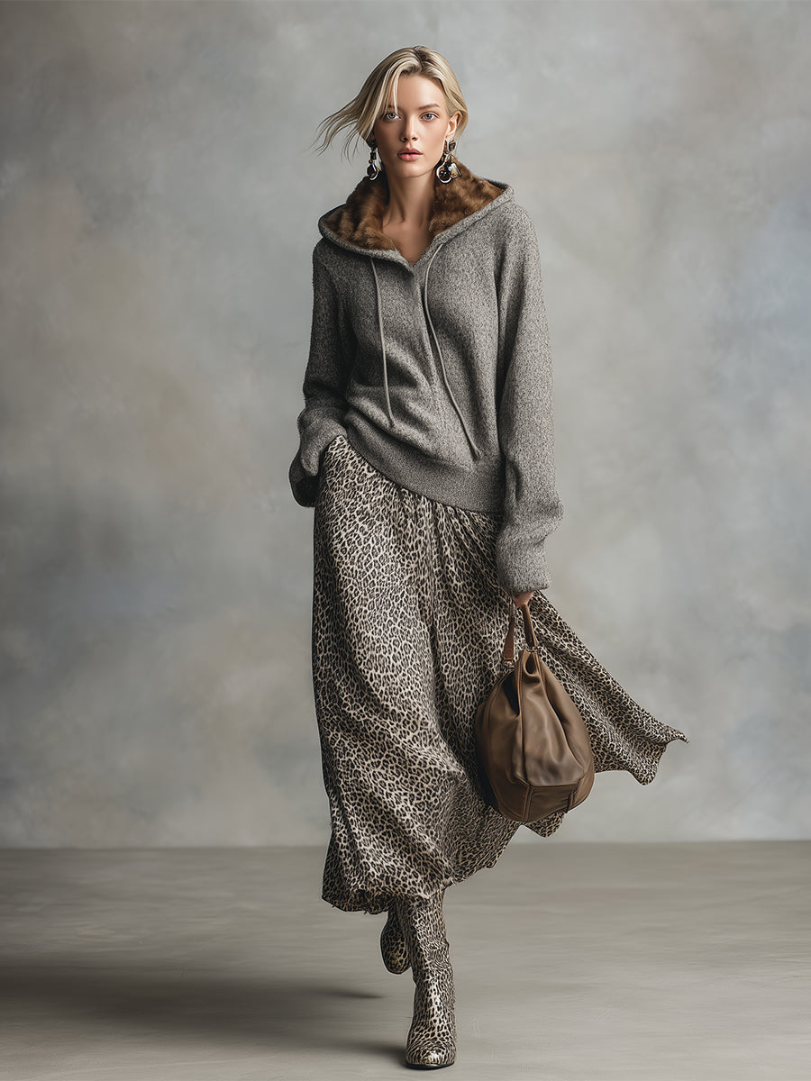Falda Evasé con Estampado Leopardo Gris Elegante y Versátil