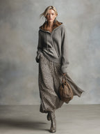 Falda Evasé con Estampado Leopardo Gris Elegante y Versátil