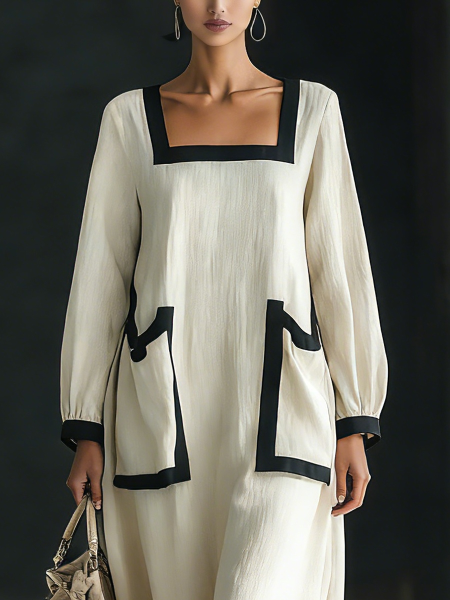 Vestido largo de algodón y lino beige con ribete negro y bolsillos