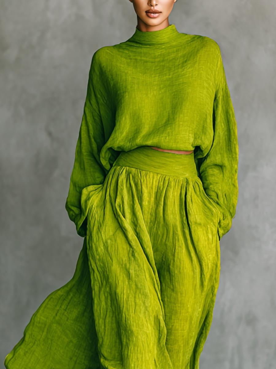 Conjunto Top Verde con Cuello Alto y Falda Maxi