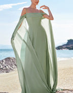 Light Green Off-the-shoulder Bridesmaid Dress with Detachable Sleeves