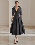 Elegant Satin Midi Dress with Embroidered Floral Appliqué and Folded Lapel Neckline