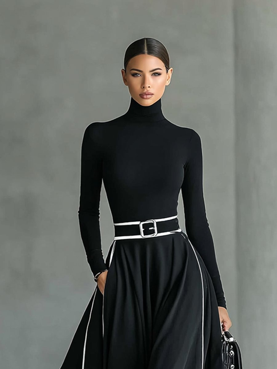Vestido Maxi Negro con Cuello Alto Manga Larga y Cinturón