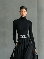 Vestido Maxi Negro con Cuello Alto Manga Larga y Cinturón