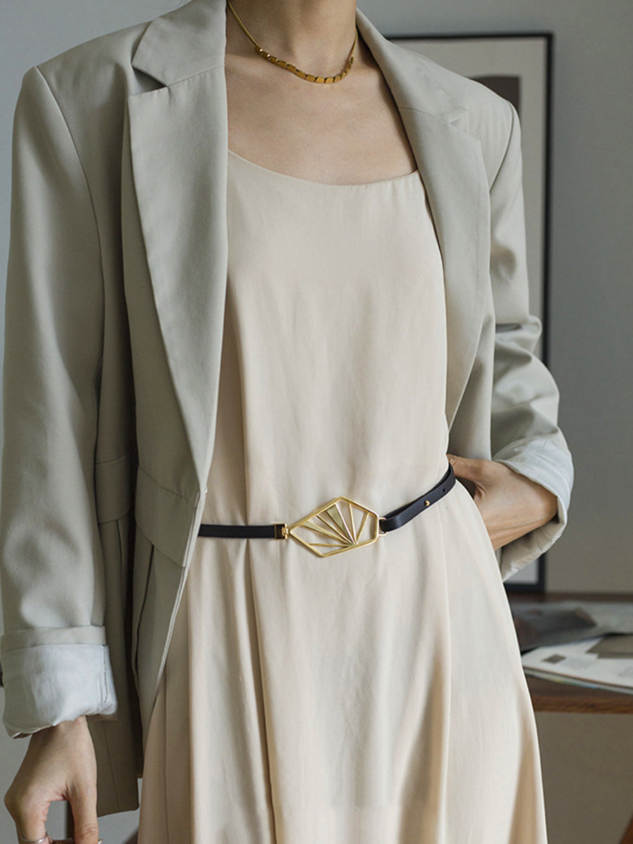 Minimalist Brown Leather Belt with Geometric Buckle