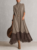 A-Linien-Kleid mit Stehkragen, Spitzeneinsätzen und langen Ärmeln