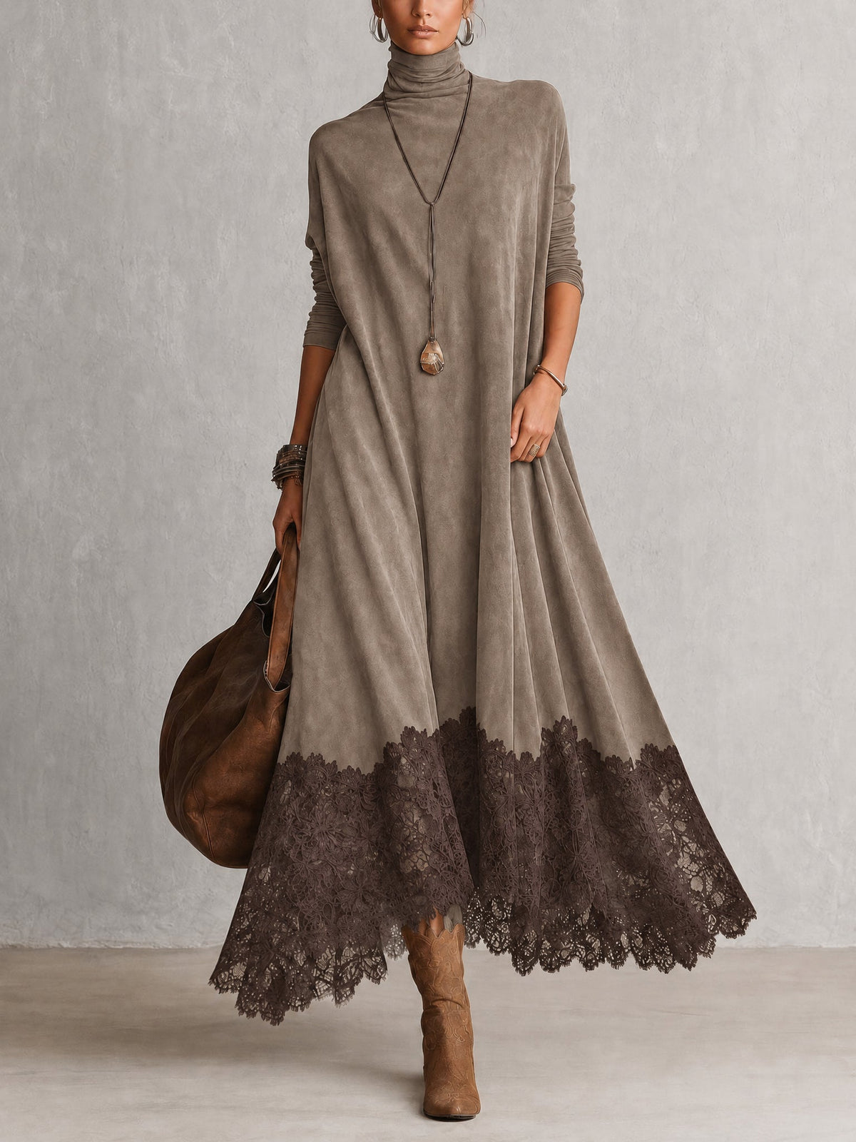 A-Linien-Kleid mit Stehkragen, Spitzeneinsätzen und langen Ärmeln