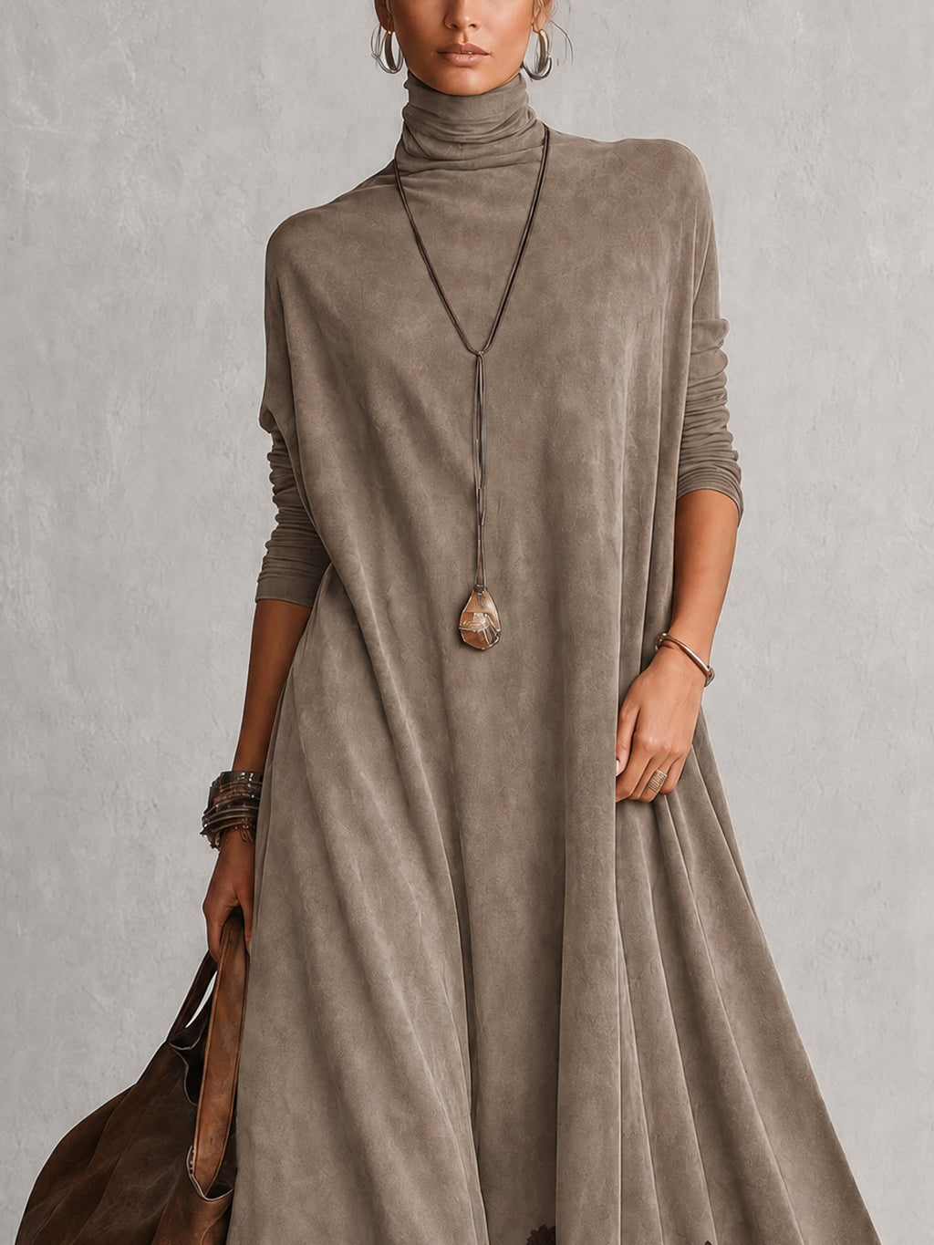 A-Linien-Kleid mit Stehkragen, Spitzeneinsätzen und langen Ärmeln
