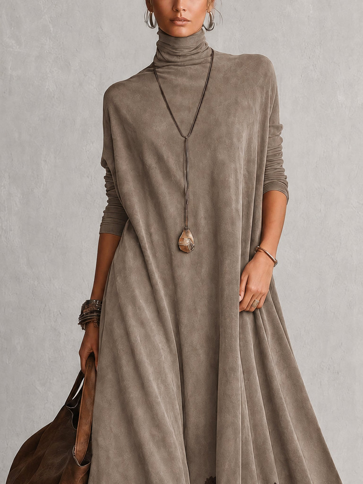 A-Linien-Kleid mit Stehkragen, Spitzeneinsätzen und langen Ärmeln