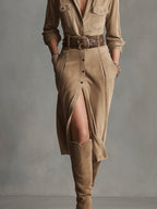 Vestido Midi de Ante Marrón Elegante