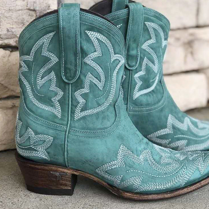 Botas Western Cortas Vintage con Bordado y Tacón Bloque