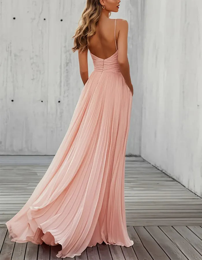 Pink Spaghetti Strap Chiffon Long Bridesmaid Dress