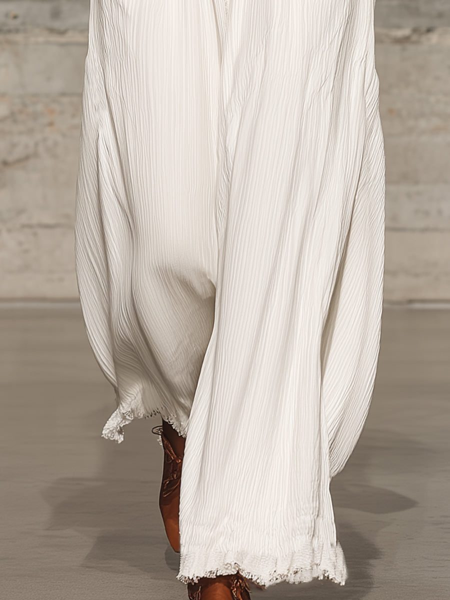 Pantalón Ancho Retro Blanco con Cinturilla Elástica