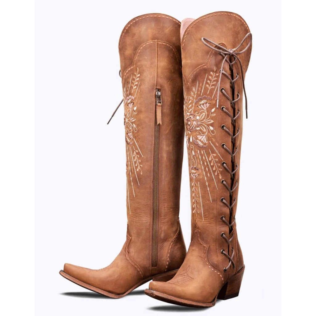 Botas Western Vintage con Bordado y Cordones
