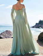 Light Green Off-the-shoulder Bridesmaid Dress with Detachable Sleeves