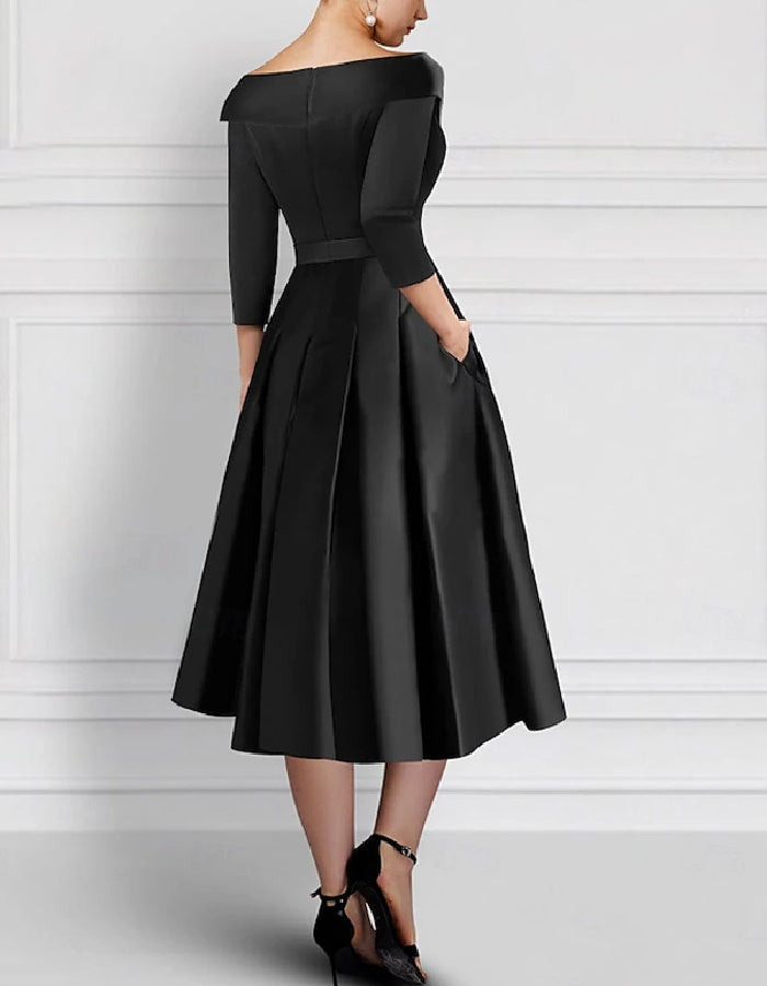 Elegant Satin Midi Dress with Embroidered Floral Appliqué and Folded Lapel Neckline