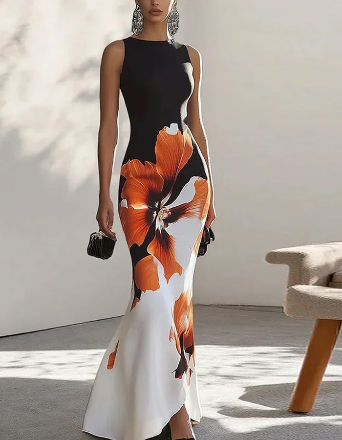 Flower Printed Sleeveless Wrap Elegant Evening Maxi Dress