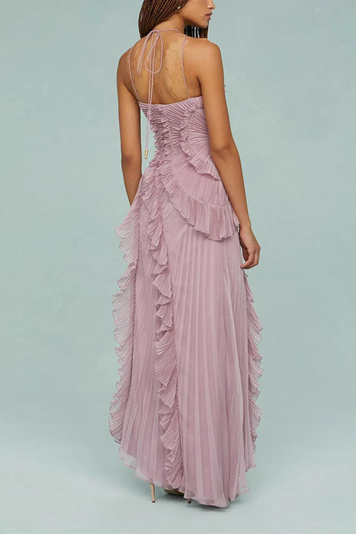 Vestido Maxi Plisado con Tirantes y Cuello Halter, Ribete de Volantes y Dobladillo Asimétrico
