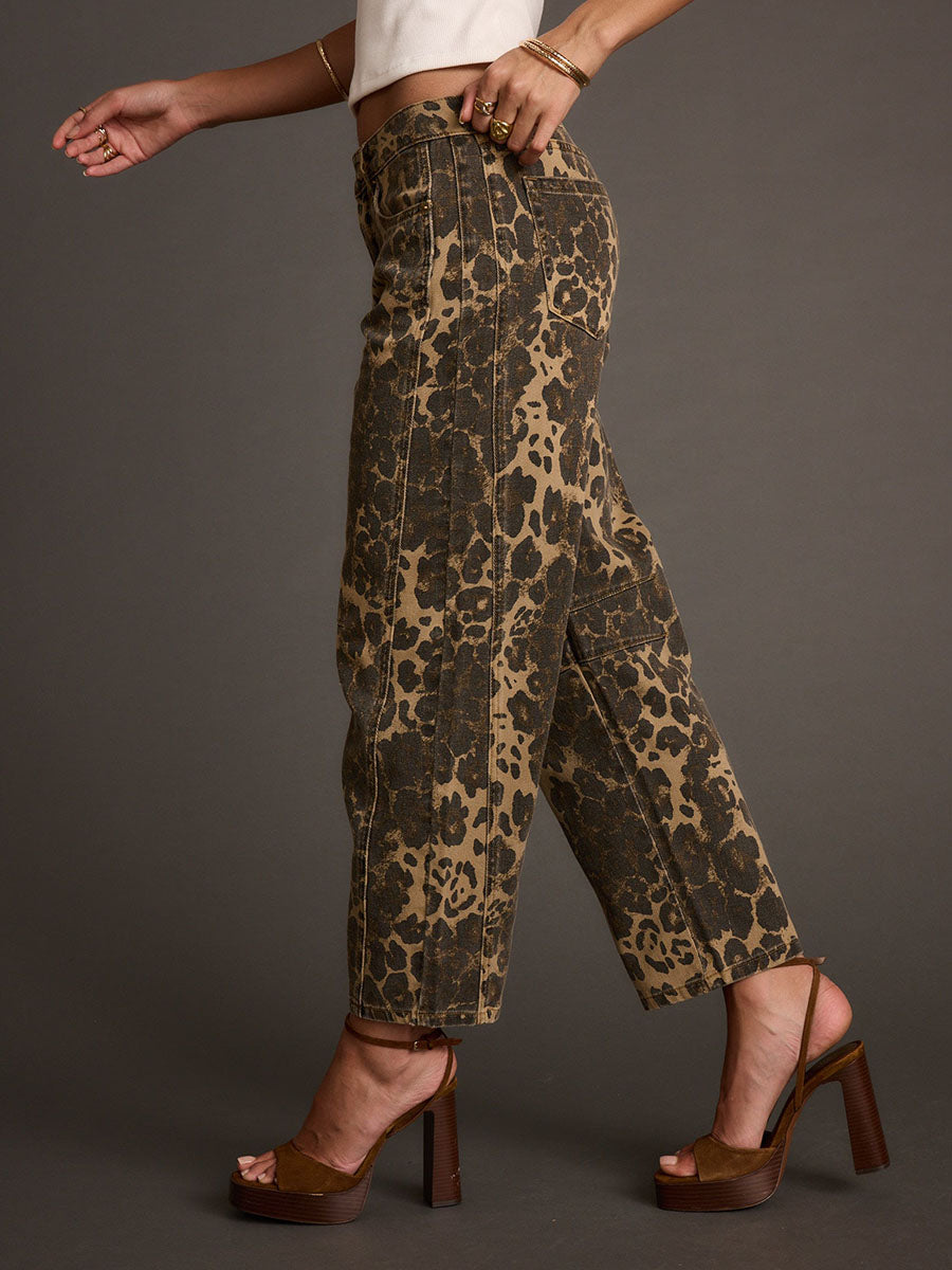 Vaqueros Retro Western con Estampado Leopardo Corte Barril