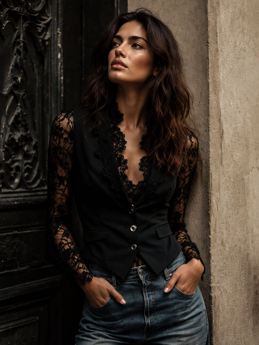 Blazer de Cuello Alto con Mangas Semitransparentes