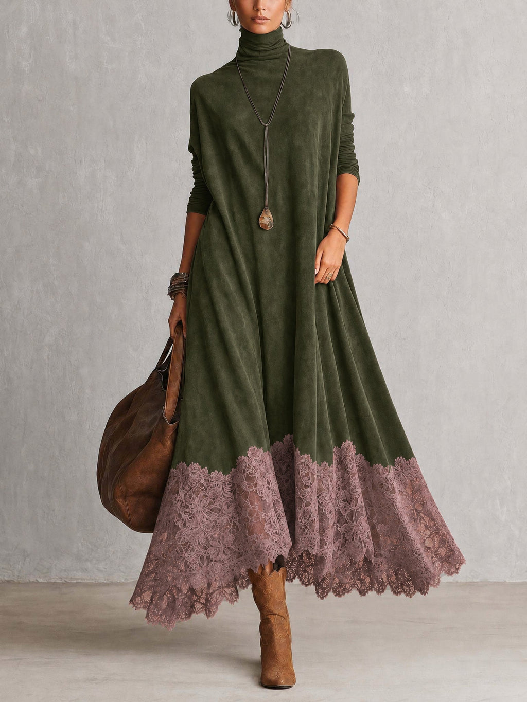 A-Linien-Kleid mit Stehkragen, Spitzeneinsätzen und langen Ärmeln