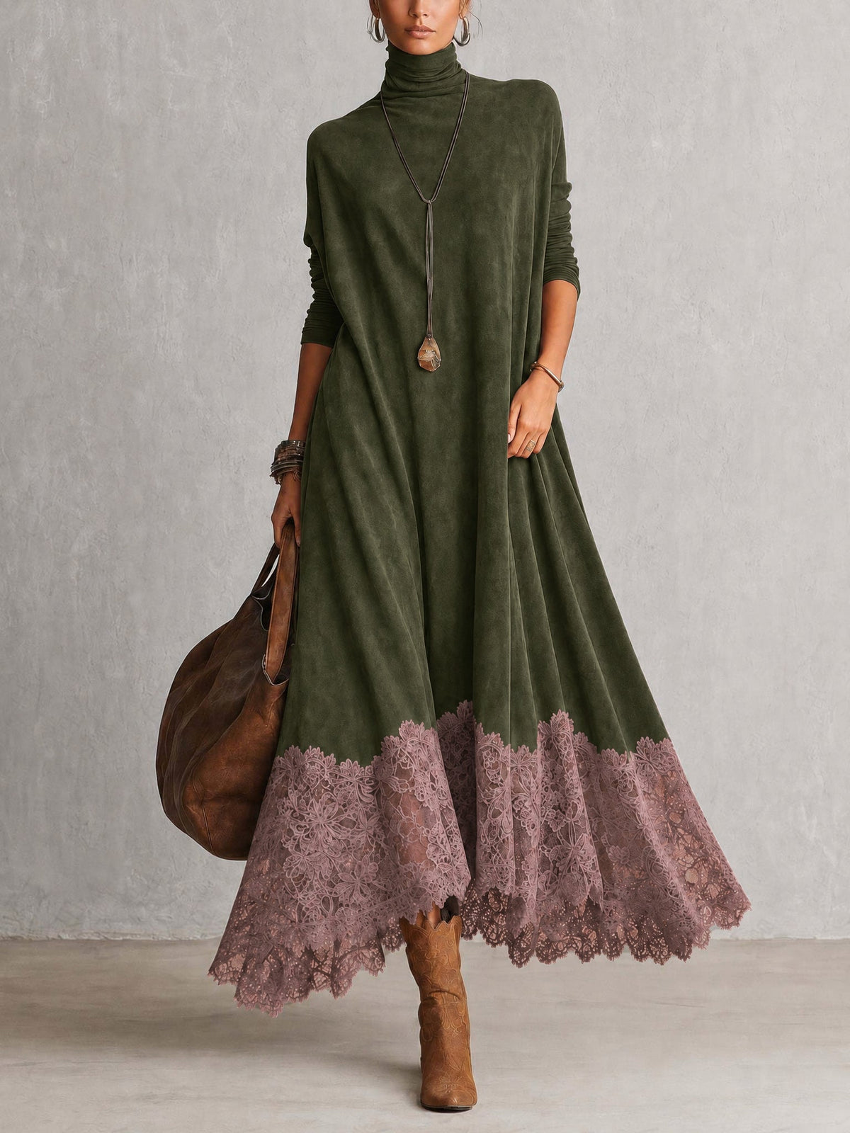 A-Linien-Kleid mit Stehkragen, Spitzeneinsätzen und langen Ärmeln