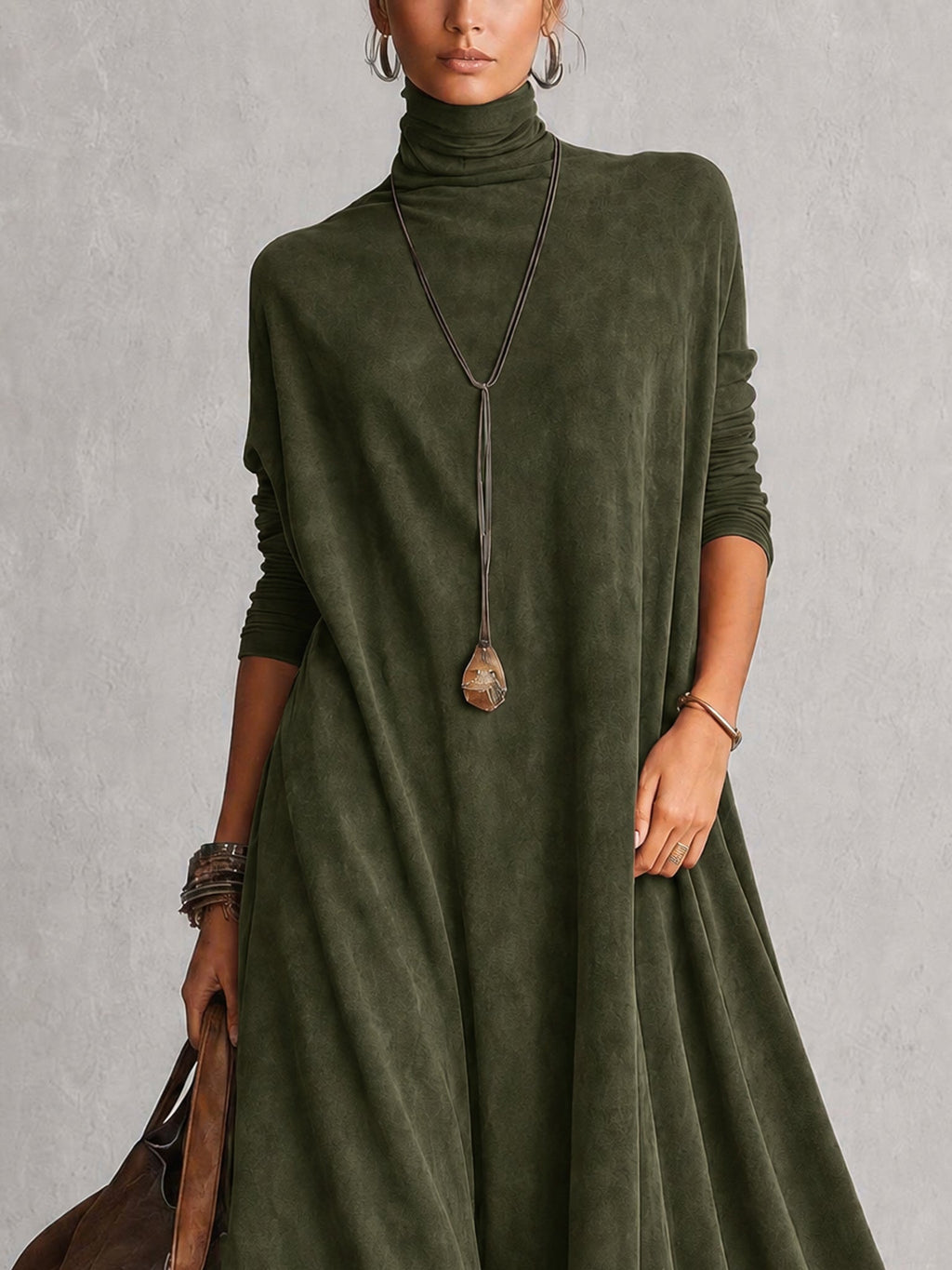 A-Linien-Kleid mit Stehkragen, Spitzeneinsätzen und langen Ärmeln