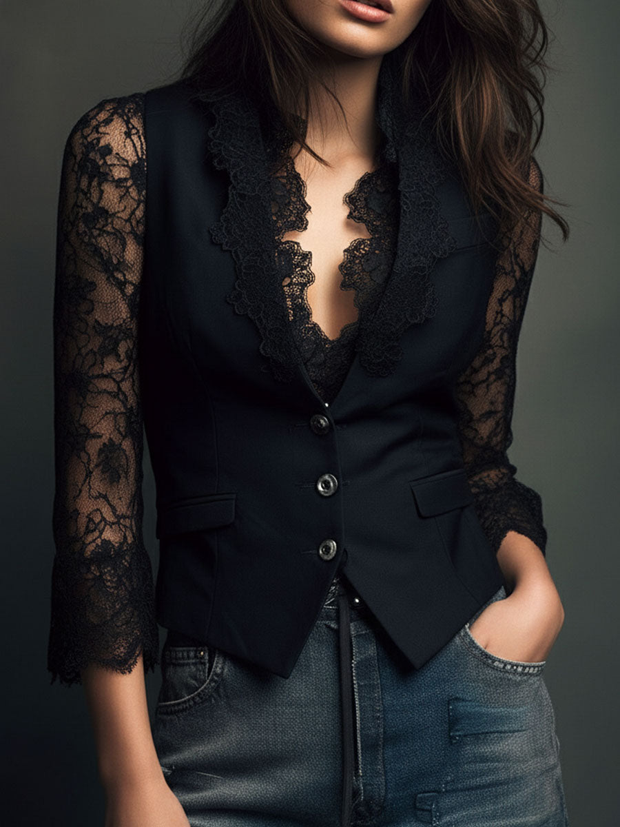 Blazer de Cuello Alto con Mangas Semitransparentes
