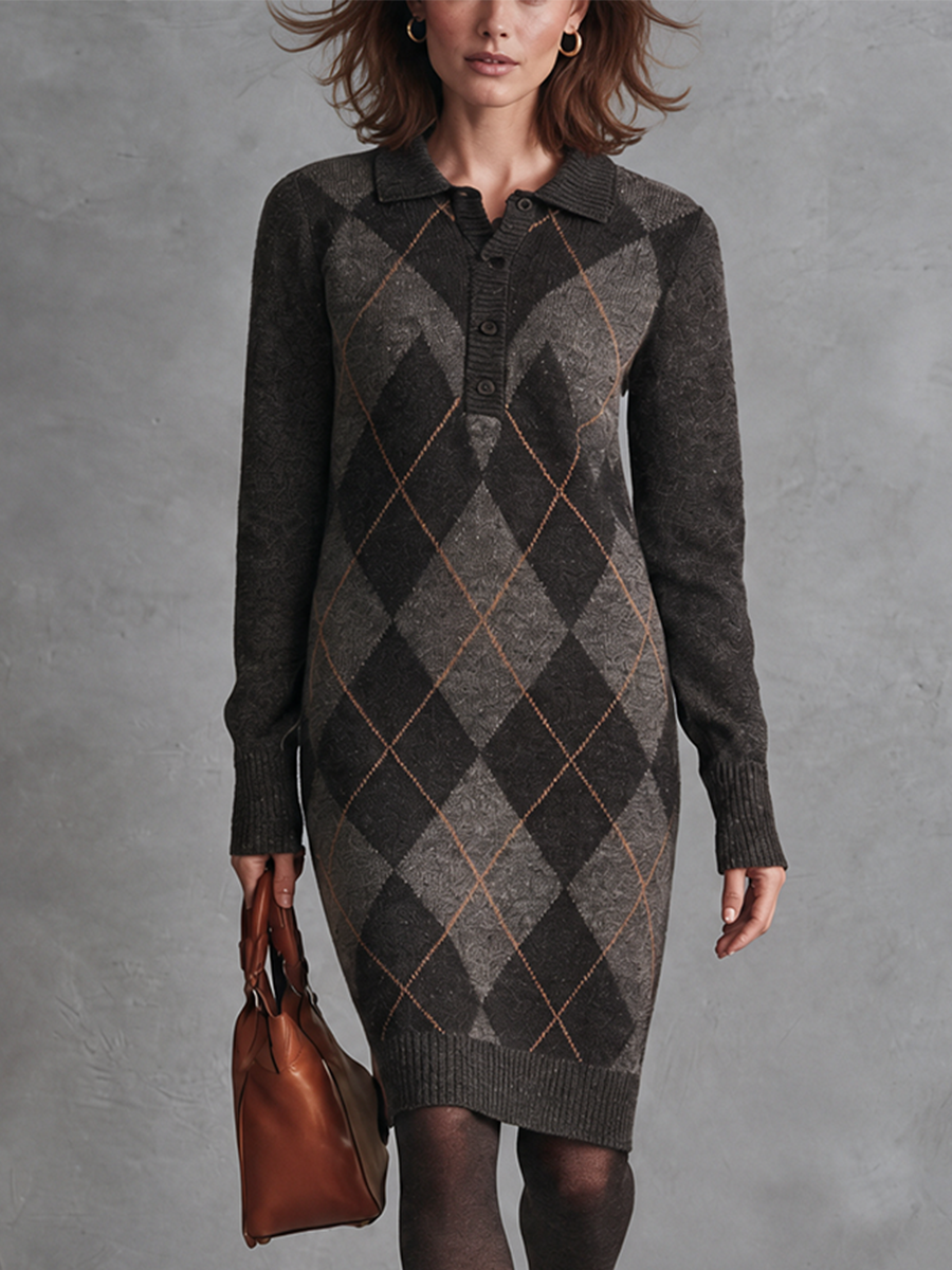 Vestido jersey de rombos gris marengo con cuello polo