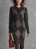 Vestido jersey de rombos gris marengo con cuello polo