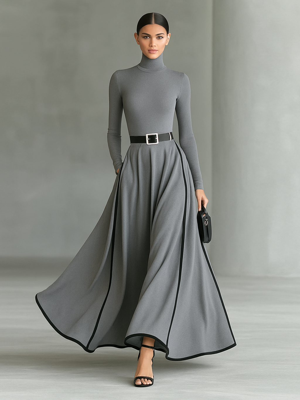 Vestido Maxi Negro con Cuello Alto Manga Larga y Cinturón