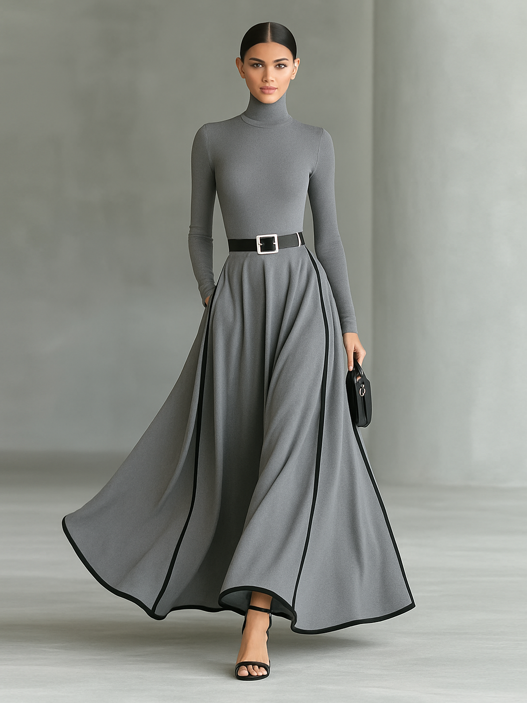 Vestido Maxi Negro con Cuello Alto Manga Larga y Cinturón