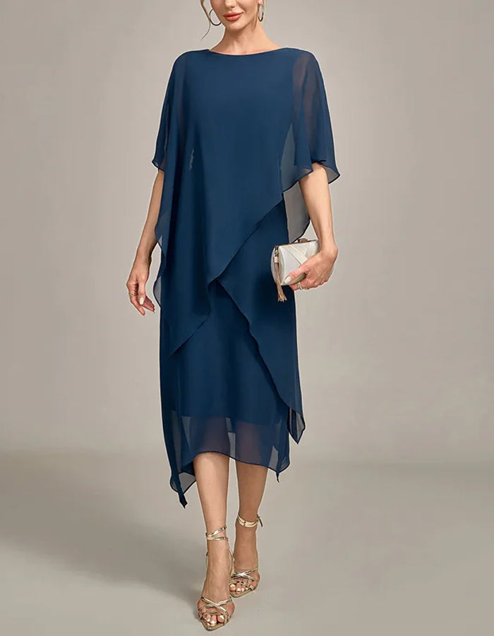 Dark Blue Round Neck Chiffon Midi Dress