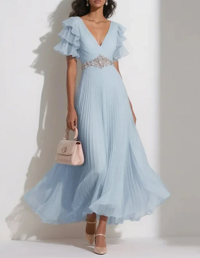 Chiffon Solid Color Lotus Leaf Sleeves Midi Dress