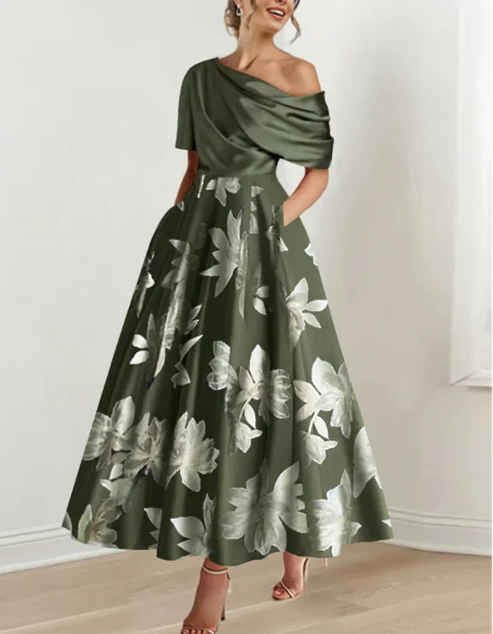 Retro Off-shoulder Solid Color Print Stitching Midi Dress