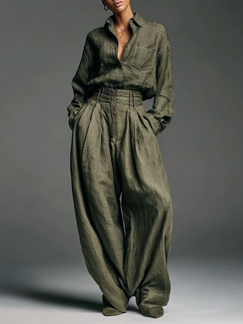 Two-Piece Linen Shirt and Wide-Leg Pants Set