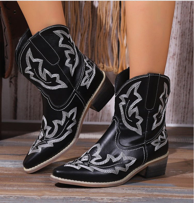 Botas Western Cortas Vintage con Bordado y Tacón Bloque