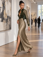 Vestido largo de noche con cuerpo de terciopelo y falda cruzada satinada