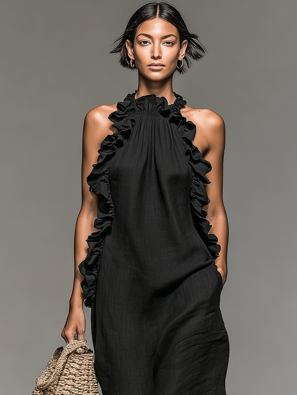 Vestido largo Marina de lino con detalles de volantes