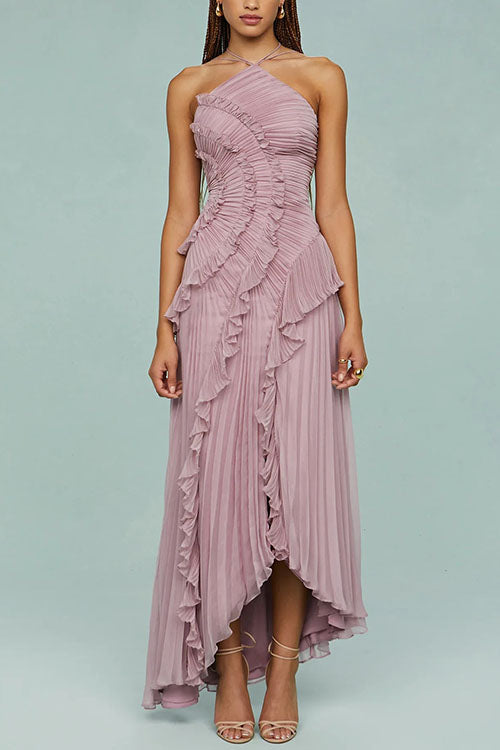 Vestido Maxi Plisado con Tirantes y Cuello Halter, Ribete de Volantes y Dobladillo Asimétrico