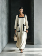 Vestido largo de algodón y lino beige con ribete negro y bolsillos