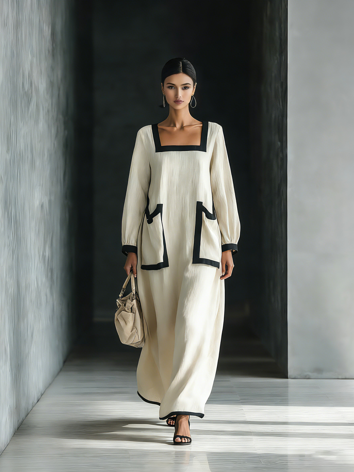 Vestido largo de algodón y lino beige con ribete negro y bolsillos