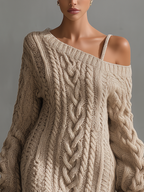 Vestido corto de punto de ochos beige con hombros descubiertos